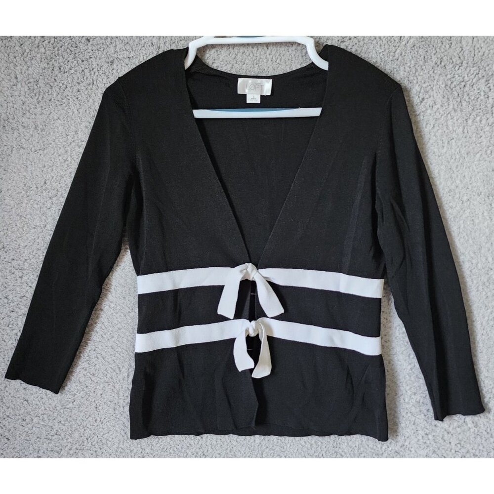 LOFT Women's Sz S 3/4‎ Sleeve Tie Front Cardigan Sweater Ivory Bow Black Rayon